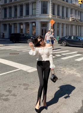 La Blanche【瘦成纸片人】超长腿精前开叉黑色显瘦高腰小脚休闲裤