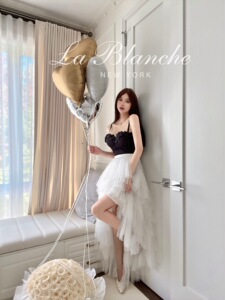 La Blanche高订秀款奶白色前短后长不规则纱裙高腰蕾丝垂感半身裙