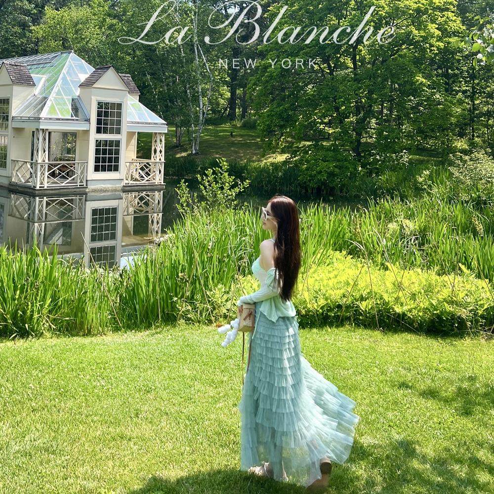 La Blanche森系豆沙绿色蛋糕裙2023夏季新款长裙及脚踝显瘦半身裙