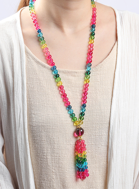 新款巴西彩虹水晶碧玺圆珠多圈鸽血红帕拉伊巴蓝女款毛衣链项链串