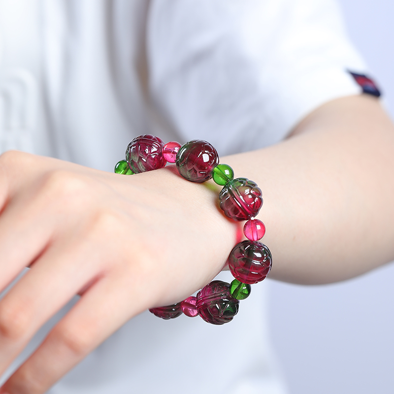 天然老矿巴西彩虹西瓜双色大颗粒雕刻碧玺男女款古风艳丽圆珠手链