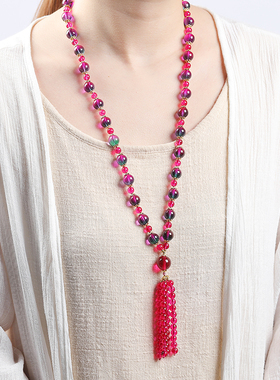 新款天然巴西彩虹西瓜碧玺圆珠多圈项链女款毛衣链原创大气鸽血红