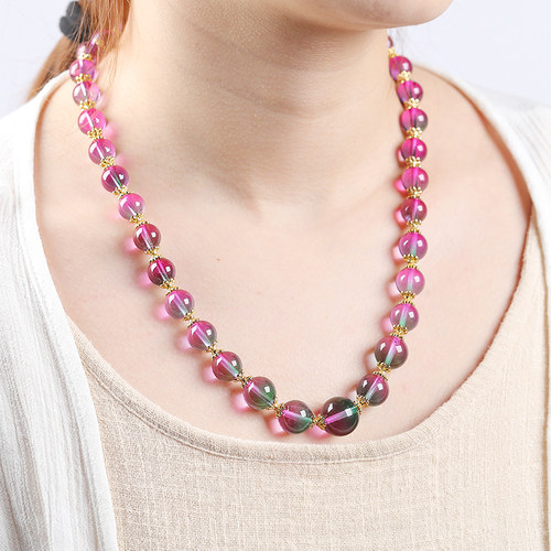 天然巴西西瓜糖果碧玺靓丽老矿炫彩粉红帕拉伊巴圆珠女士鸽血项链
