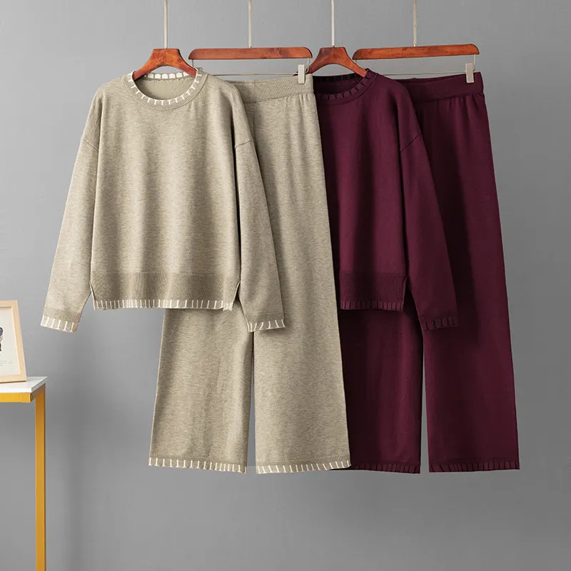 跨境Temu外贸条纹气质针织两件套高领毛衣宽松休闲套装长袖女装