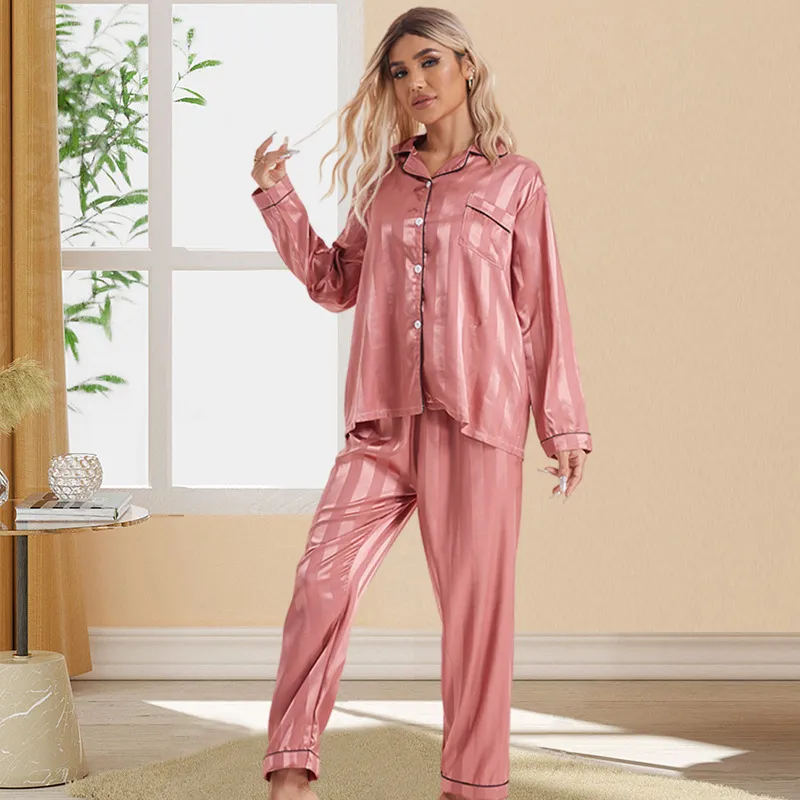 Ladypajamas外贸大码仿真丝粗条纹长裤长袖家居服睡衣套装透气