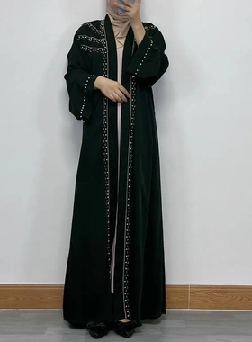 F323跨境外贸女装长裙迪拜刺绣花边钉珍珠开衫长袍现货民族风