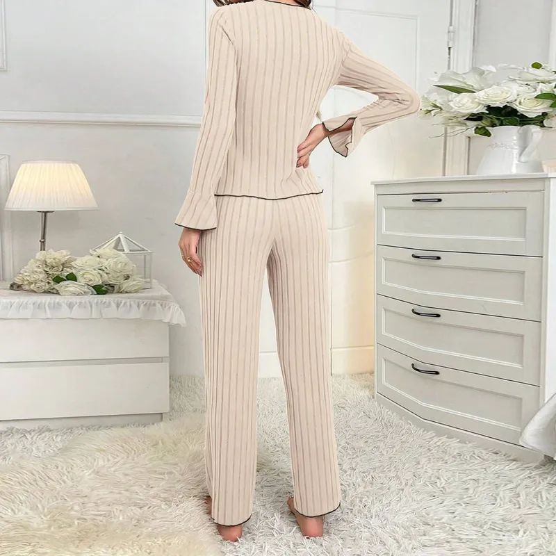 欧美睡衣女两件套秋冬款居家保暖休闲时尚可外穿家居服套装女