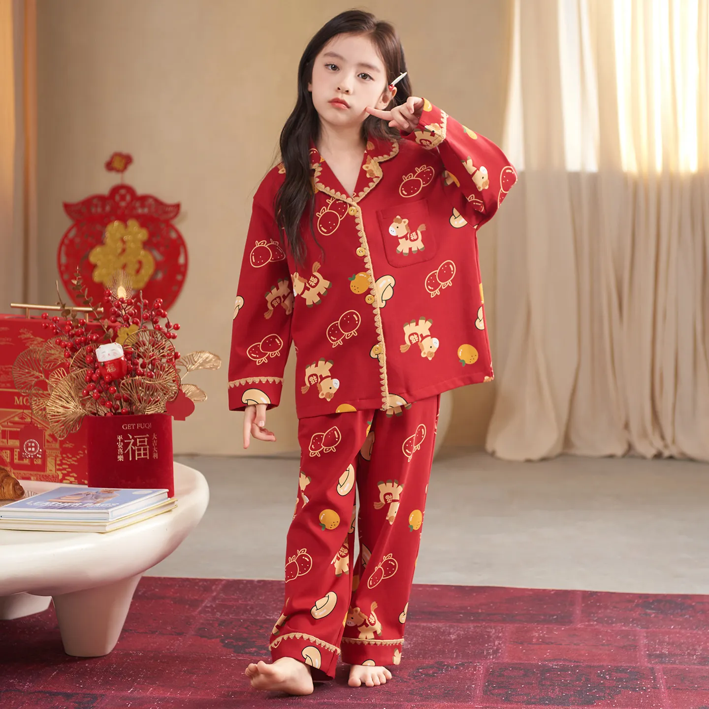 2026春季新品大红色女童睡衣春秋季纯棉中大童长袖长裤喜庆过年小