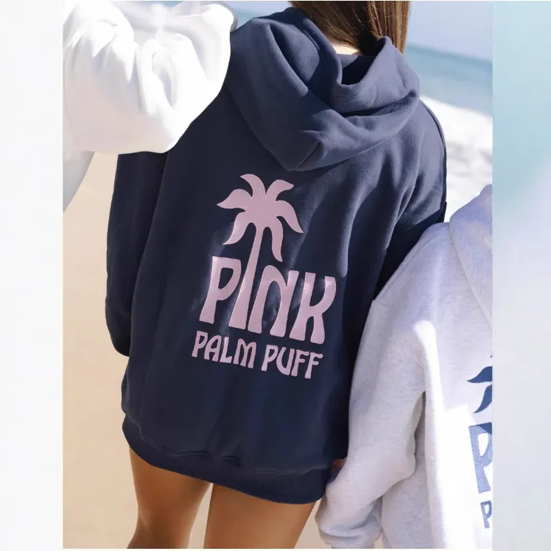 热销爆款专业刺绣PINK PALM 新款跨境欧码落肩袖连帽刺绣卫衣