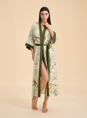 欧美睡衣女士春秋缎面雪纺浴袍乱花印花舒适睡袍长款家居服WP3976