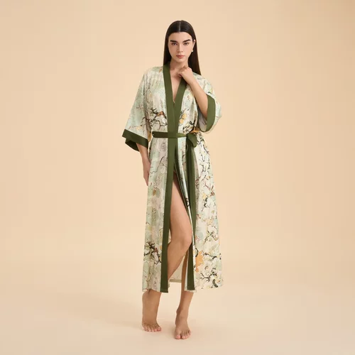 欧美睡衣女士春秋缎面雪纺浴袍乱花印花舒适睡袍长款家居服WP3976