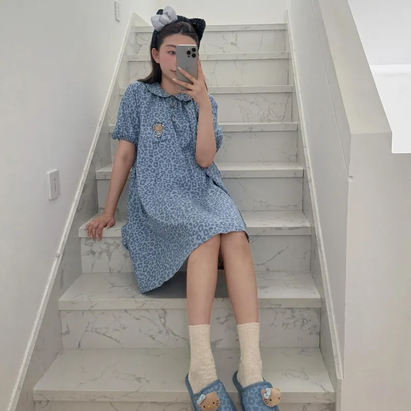 kitty新款蓝色睡衣女宽松天丝棉短袖睡裙2025夏季新款豹纹家居服