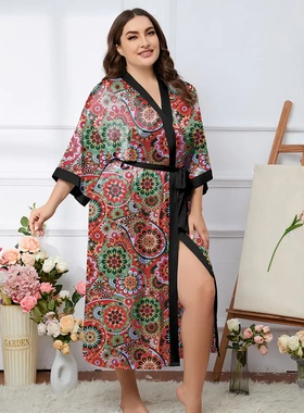 跨境新款欧美大码印花长款睡袍冰丝绸睡衣女家居服WP22097