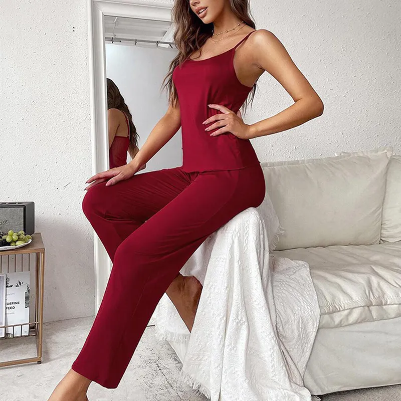 欧美跨境睡衣女款夏红色家居服性感吊带睡衣长裤两件套装pajamas