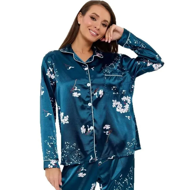 ЛеопардWB新款仿真丝睡衣女春夏长袖冰丝绸真丝家居服外贸