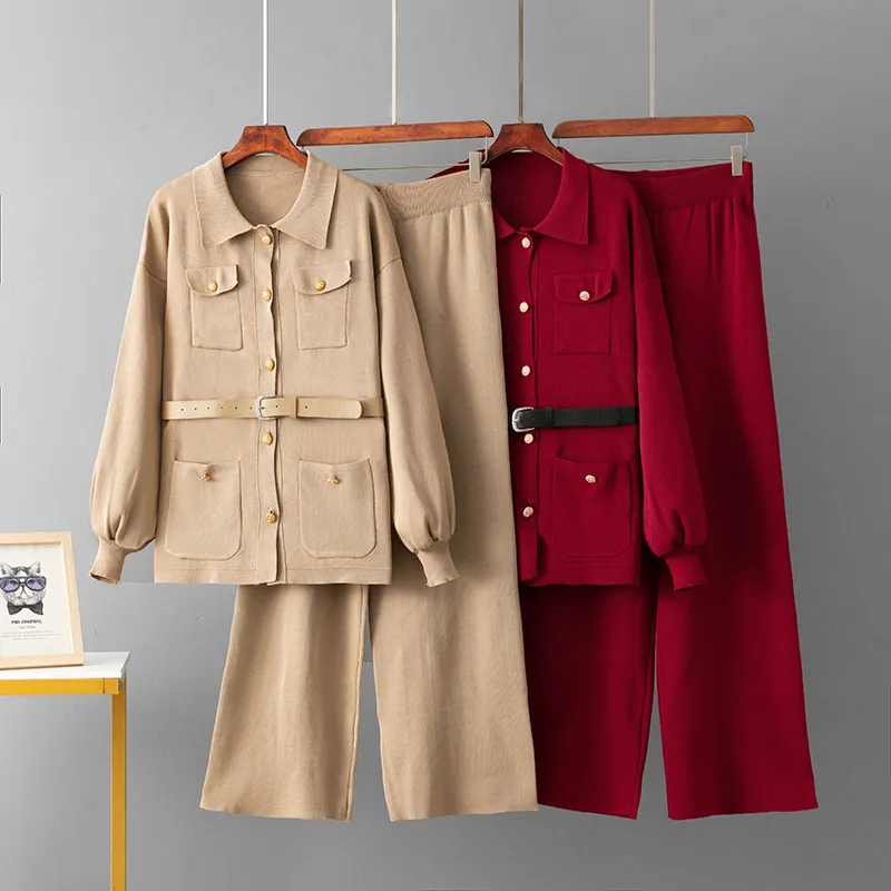 跨境Polo领时尚套装女秋冬新款毛衣腰带开衫上衣高腰阔腿裤两件套