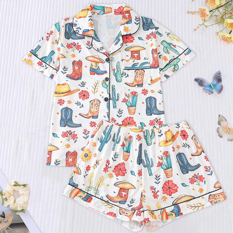 跨境TEMU欧美女士睡衣套装牛仔睡衣短袖短裤Women's pajama set