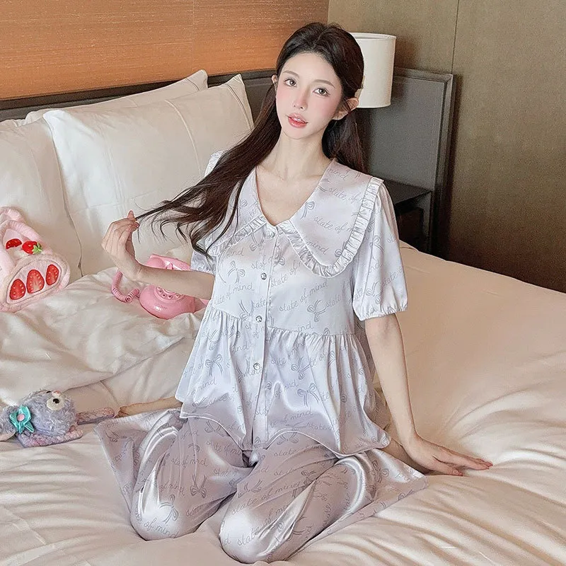 高级感冰丝睡衣女款2026新款夏短袖短裤丝绸套装甜美印花家居服女