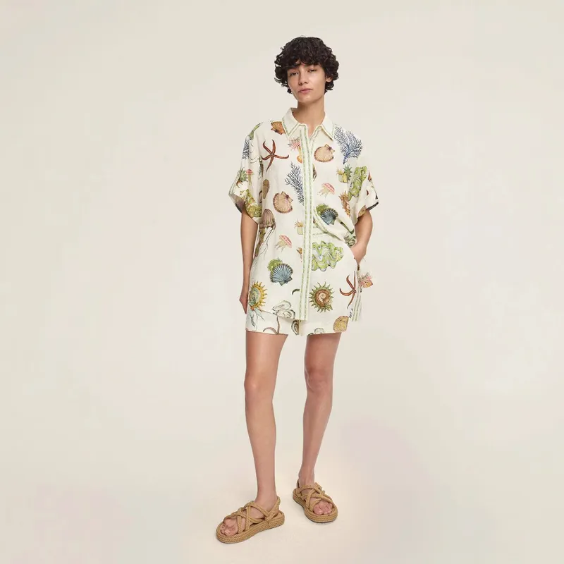 2026Floral Linen Short Outfit 花卉亚麻风衬衣短裤家居套装