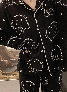 轻奢春秋睡衣女黑色满印kitt天丝棉宽松休闲长袖长裤女士家居服