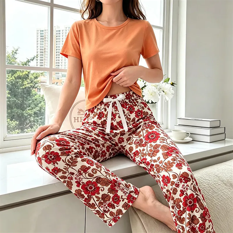 Pajamas跨境睡衣女款夏简约休闲短袖长裤两件套装欧美女式家居服