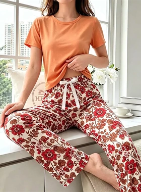 Pajamas跨境睡衣女款夏简约休闲短袖长裤两件套装欧美女式家居服