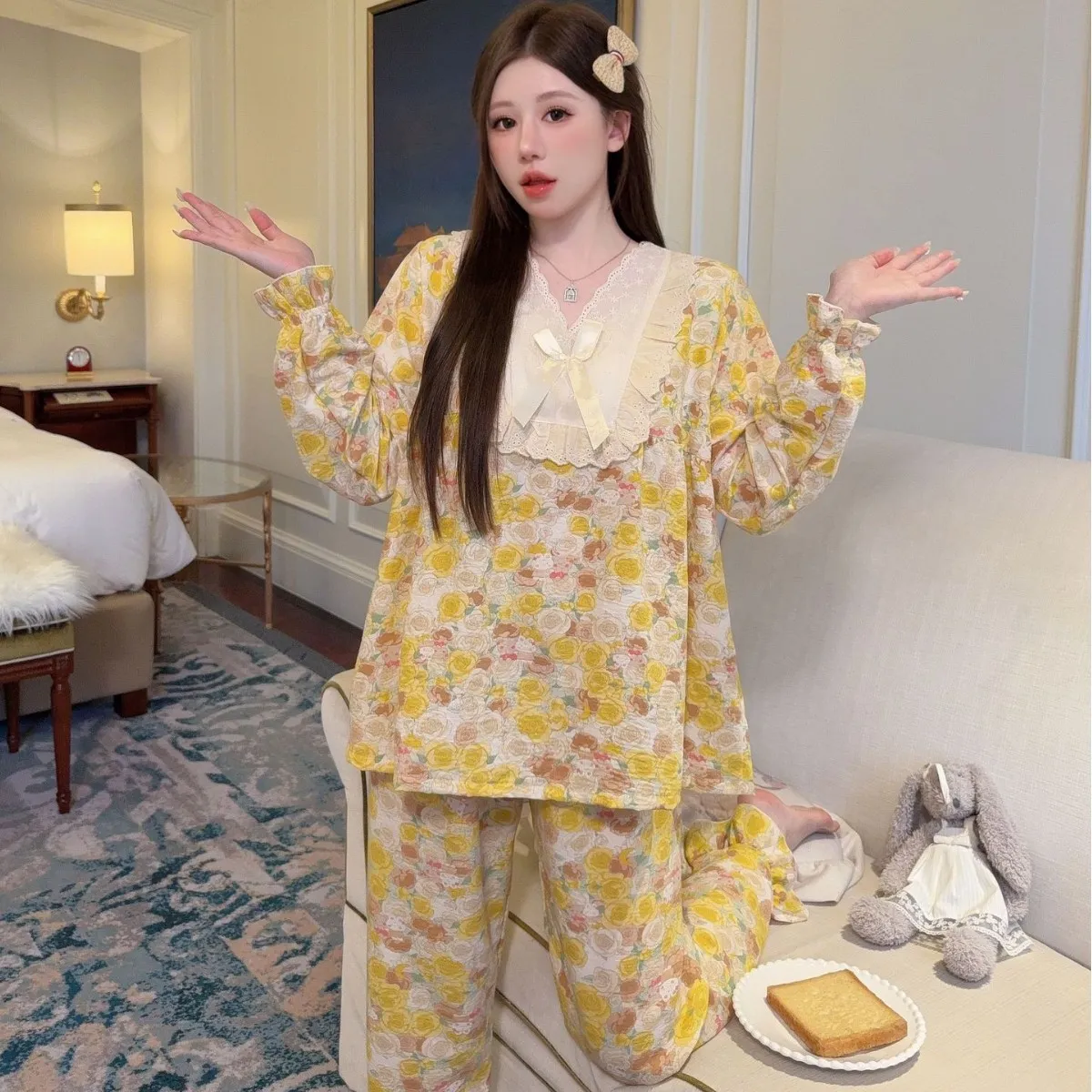 云朵棉睡衣女长袖V领蕾丝碎花宫廷风加肥大码200斤家居服固定胸垫