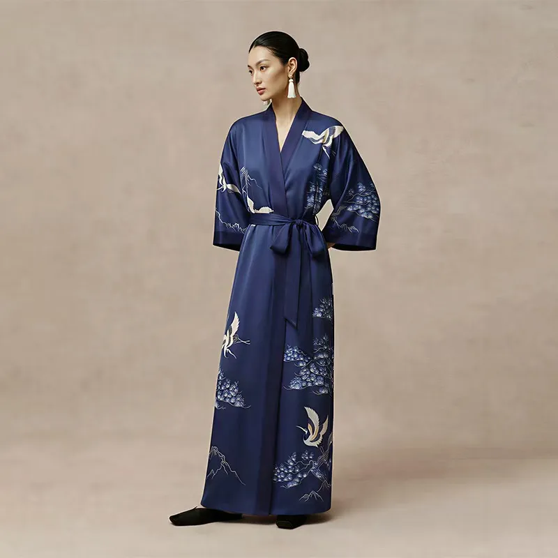 2026松鹤蓝袍女士睡袍春夏季薄款缎面雪纺国风系带晨袍2669