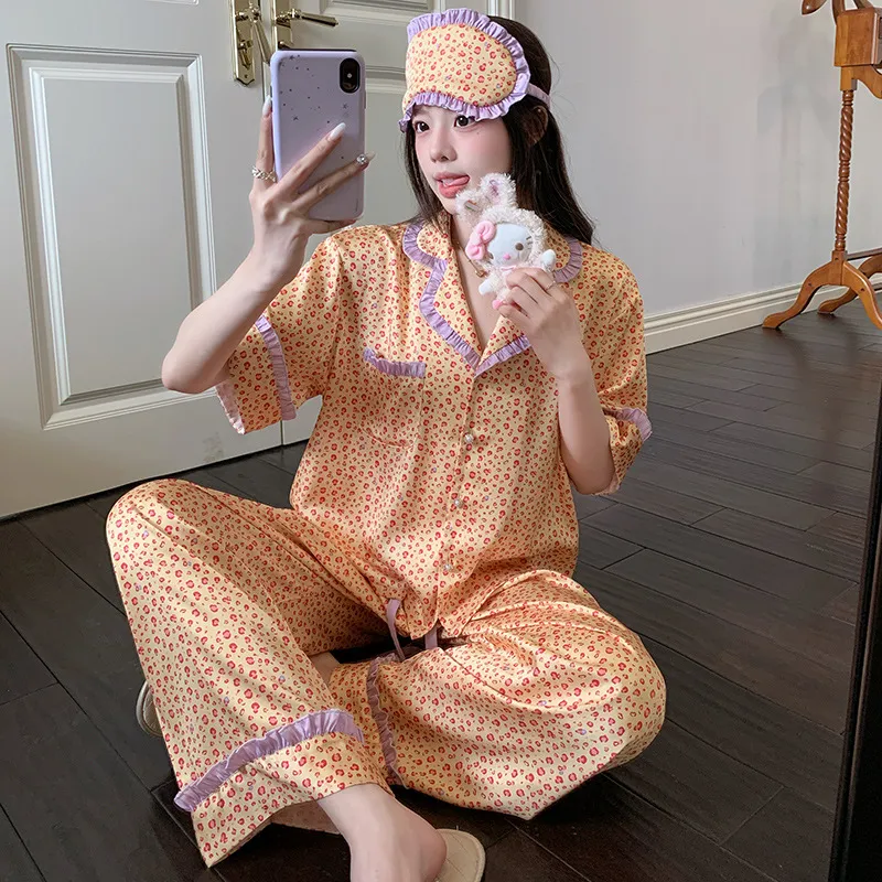 【时尚达人】冰雪丝短袖长裤睡衣夏季新款女斑点撞色带眼罩家居服