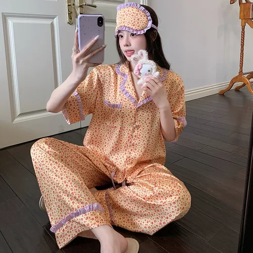 【时尚达人】冰雪丝短袖长裤睡衣夏季新款女斑点撞色带眼罩家居服