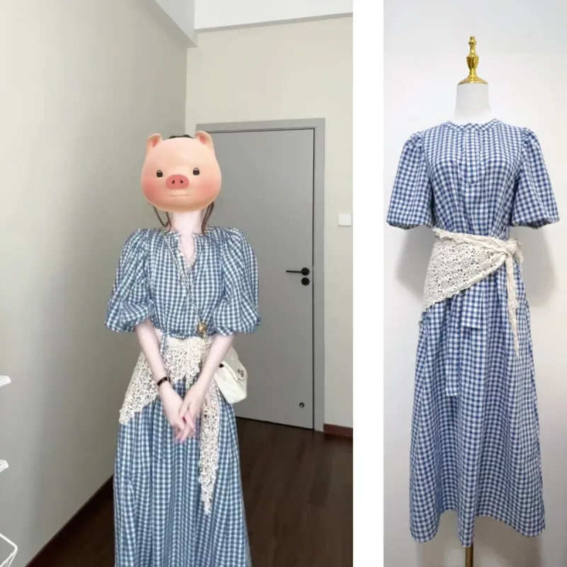 EVNSTYLE “圣岛蓝窗”春季新款中长款九分袖宽松蓝格子连衣裙女