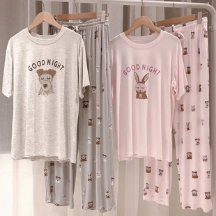 日系软绵绵夏季女士莫代尔睡裙短袖轻薄舒适长裤睡衣家居服两件套
