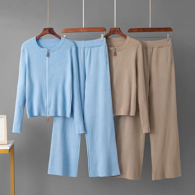 跨境时尚休闲套装秋冬皮牌拉链圆领针织开衫+宽松阔腿裤两件套女