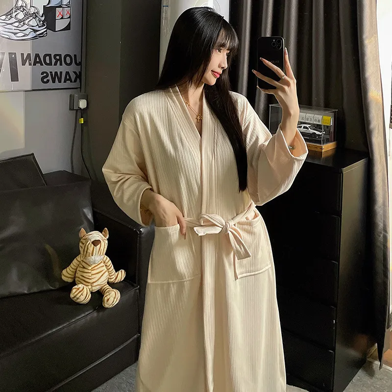 薄绒睡裙女秋冬季纯色绑带开衫德绒浴袍晨袍中长款睡袍家居服女士