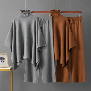 跨境秋冬女装披肩大衣搭配阔腿裤两件套高级感轻奢时尚名媛套装女