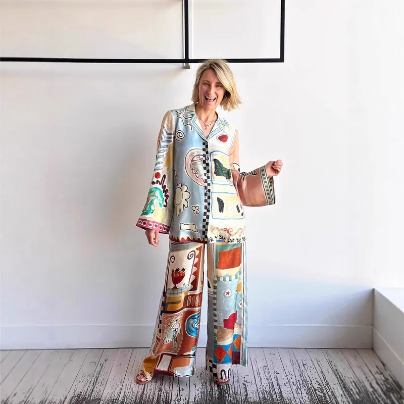 Graffiti Print Linen Blazer Set涂鸦印花亚麻西装两件套