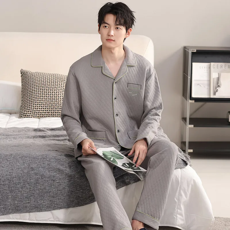 夹层加大码男士开衫睡衣M-4XL加厚保暖可外穿男生家居服空气棉男