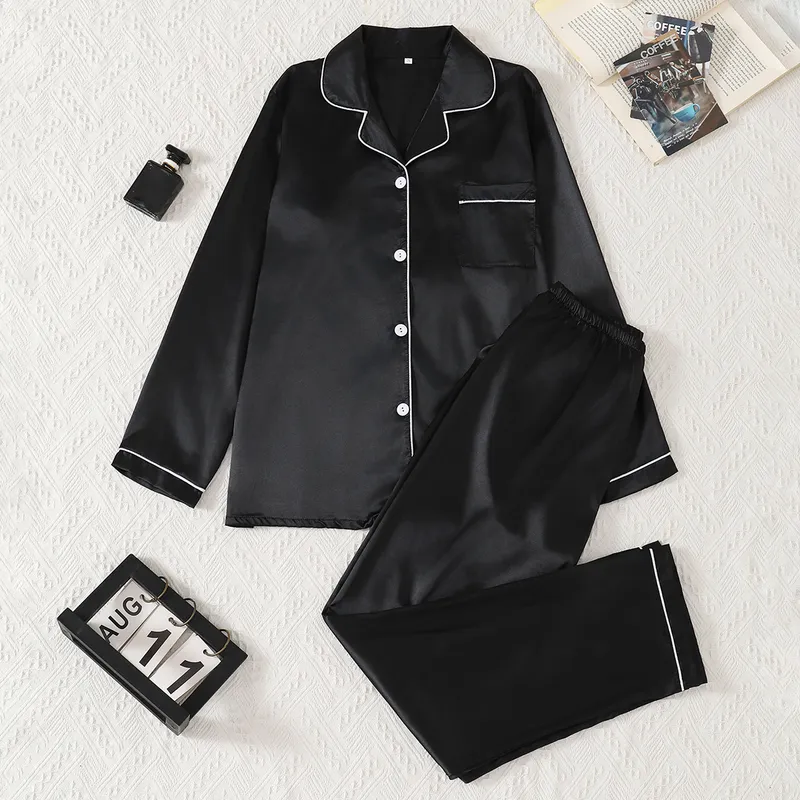 薄款春秋季女士纯色睡衣长袖长裤宽松大码休闲家居服套装跨境外贸