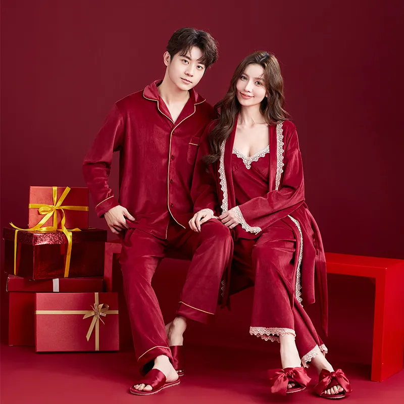 结婚睡衣新婚情侣套装金丝绒晨袍女新娘婚用高档红色本命年连衣裙