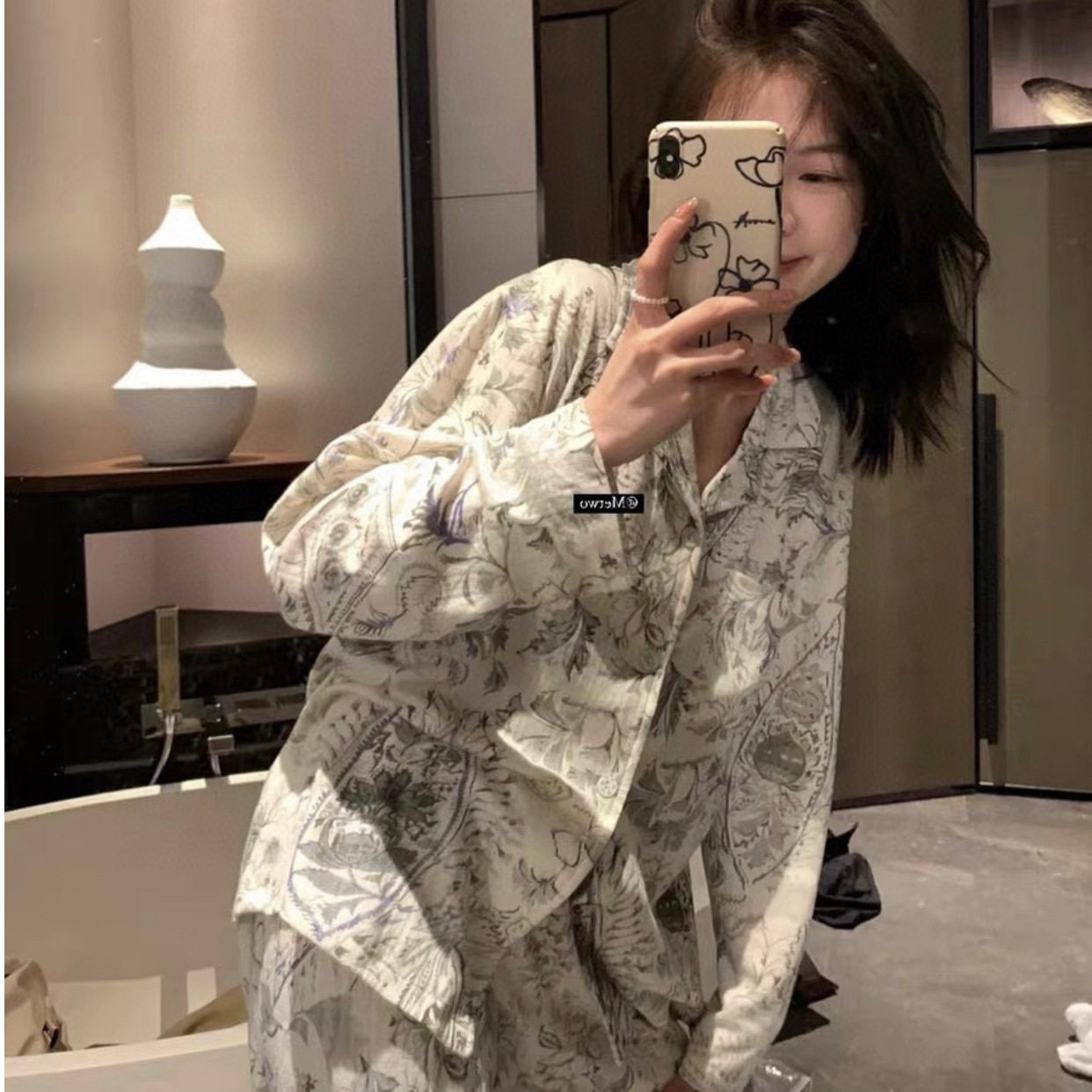 春秋季莫奈花园2法式裸肤感睡衣女士长袖长裤翻领家居服套装爆版