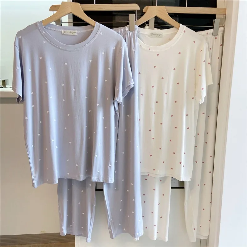 睡衣女夏季清新小爱心可爱柔软舒适短袖短裤长裤家居服套装薄款