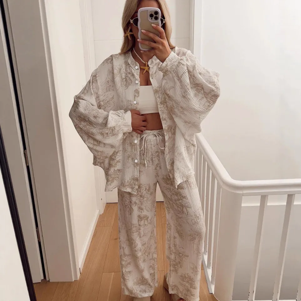 秋季纯棉印花长袖开衫睡衣套装女