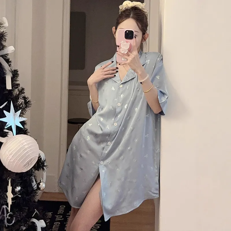 新款睡裙女夏季冰丝薄款性感衬衫裙短袖大码宽松睡衣家居服可外穿