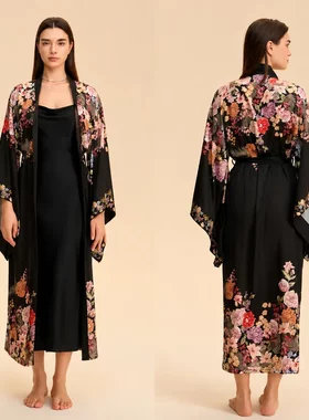 欧美大码跨境睡衣女士睡袍吊带二件套缎面雪纺家居服宽松舒适套装
