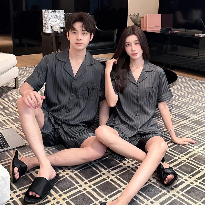 高级感大码开衫睡衣男士春夏时尚可外穿条纹家居服新款情侣款套装