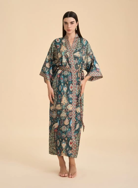 耀婷欧美跨境缎面长袖睡衣长款宽松和服睡袍女士印花家居服WP3982