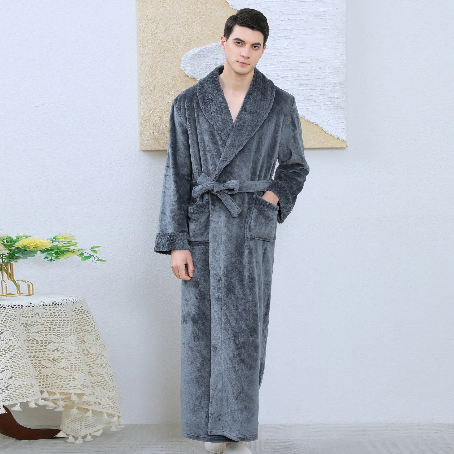 Shopify法兰绒睡袍男士春秋薄款长袖浴袍珊瑚绒大码长袍秋冬睡衣