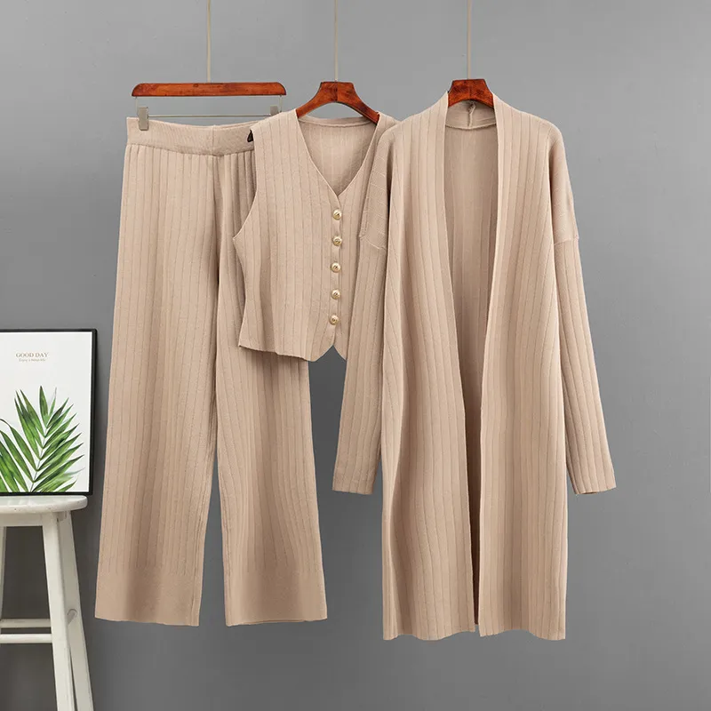 跨境亚马逊纯色秋冬针织开衫慵懒风宽松感软糯毛衣背心三件套装女