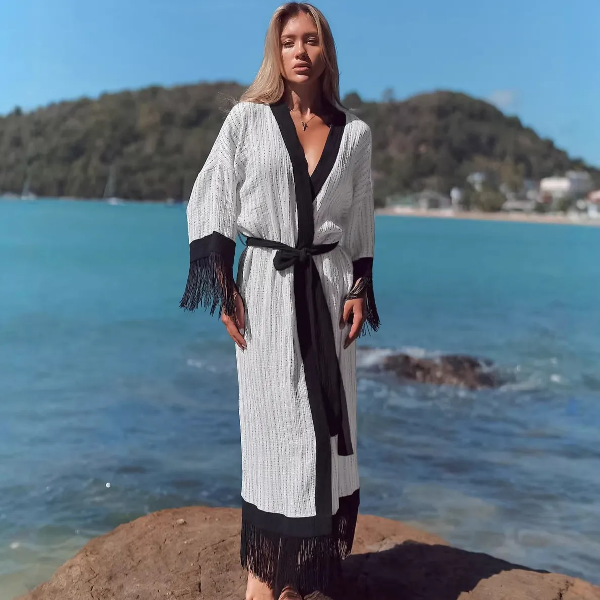 印花流苏撞色长款系带纯棉睡衣睡袍2026欧美春夏跨境新款家居服女