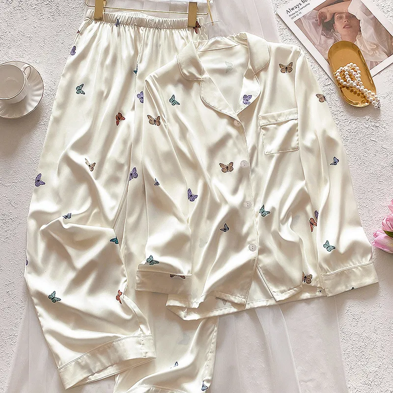 韩版甜美彩色蝴蝶印花冰丝睡衣女春秋长袖家居服两件套装实拍